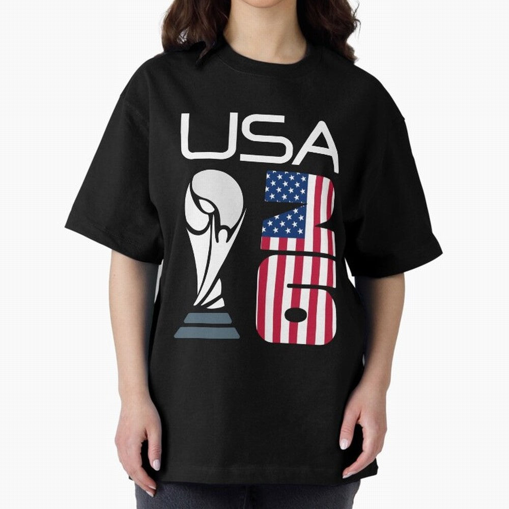USA 2026 Soccer World Cup Trophy American Flag Design Oversized T-Shirt Remember Iconic Moments from the FIFA World Cup 2026 Group Stage Journey through Haaland Highlights, Portugal, Spain and Germany Pride, Soccer Culture, Superstar Moments,