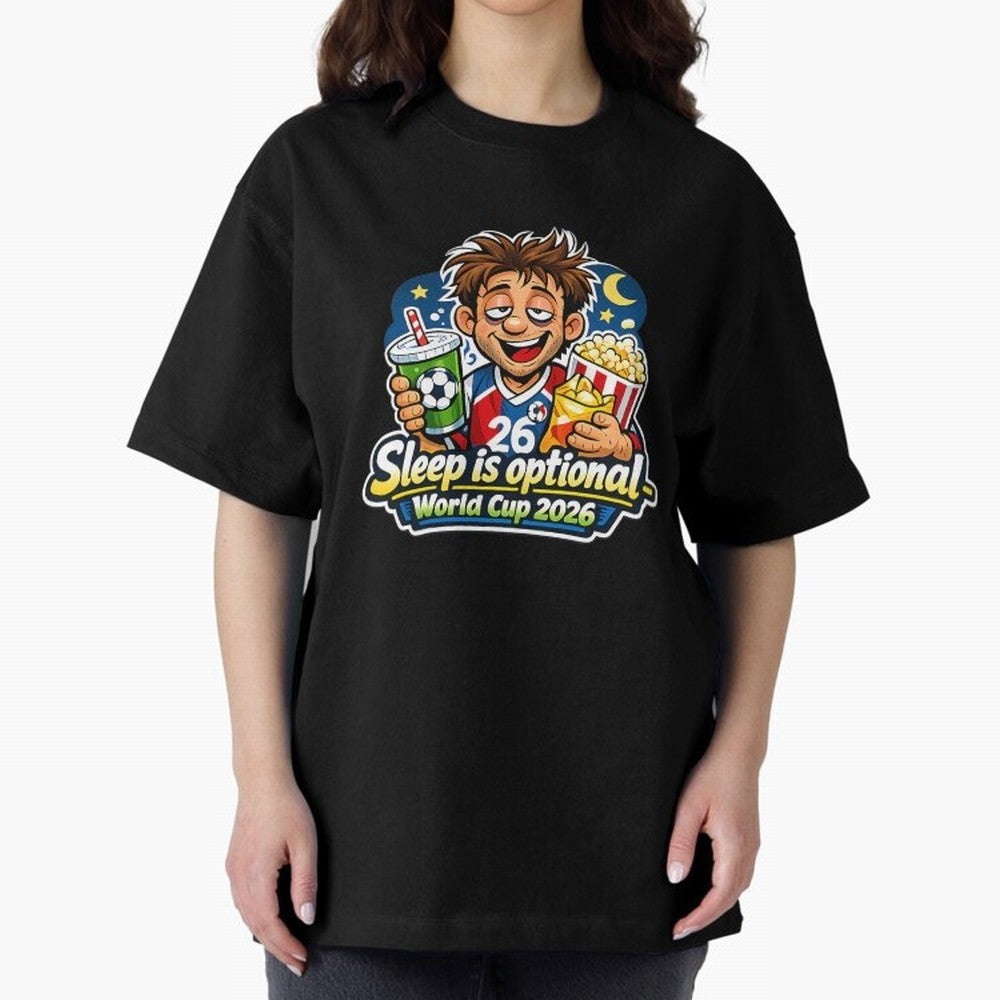 Sleep Is Optional World Cup 2026 Soccer Fan Night Oversized T-Shirt Celebrate National Team Dreams in the FIFA World Cup 2026 Group Stage Journey through Messi, CR7 and Mbappe Highlights, Portugal, Spain and Germany Pride, Football History, Final