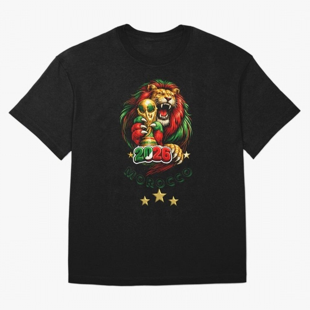 Moroccan Lion World Cup 2026 Design Oversized T-Shirt Share FIFA World Cup 2026 Group Stage for Fans of CR7 and Messi and Germany, Bringing Soccer Culture, Superstar Moments, National Team Dreams and Competitive Fire; Great for Watch Parties,