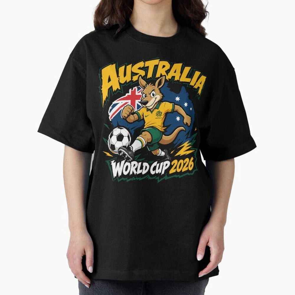 Australia World Cup 2026 Kangaroo Soccer Fan Art Oversized T-Shirt Remember FIFA World Cup 2026 for Fans of Mbappe and Neymar and England and Germany, Bringing Sports Nostalgia, International Competition, Famous Players and Unforgettable Victories;