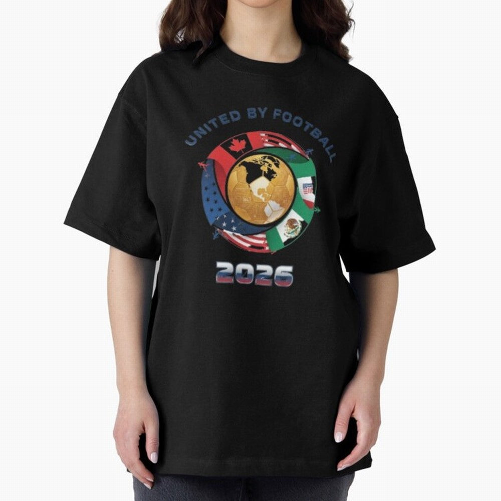 United By Football 2026 Logo Oversized T-Shirt Make Every Kick Count in Global Football Passion for FIFA World Cup 2026, Centered on Cristiano Ronaldo, Portugal, Spain and Germany, Football Festival Excitement, Trophy Ambitions, Country Rivalries