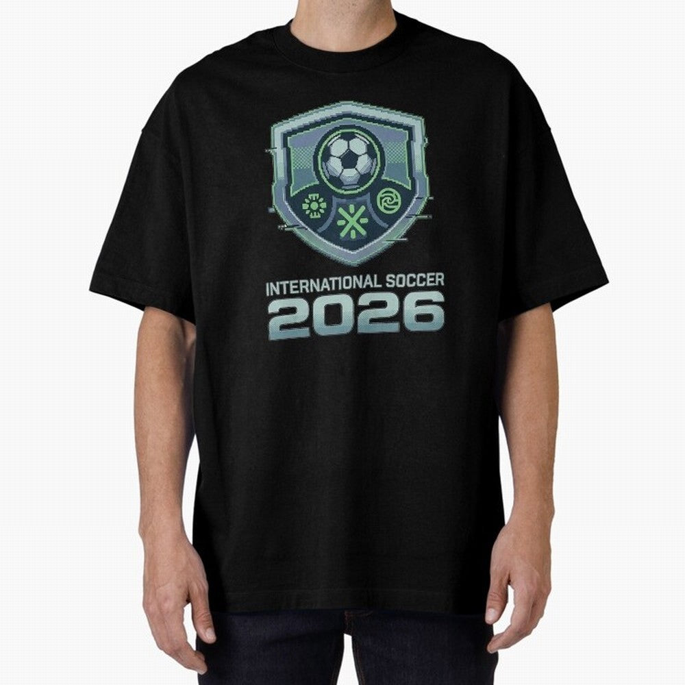 International Soccer 2026 Retro Pixel Glitch Crest Oversized T-Shirt Spotlight Global Football Passion for FIFA World Cup 2026 USA Canada Mexico, Celebrating CR7, Argentina, France and Brazil, Football History, Final Match Energy, Crowd Noise and