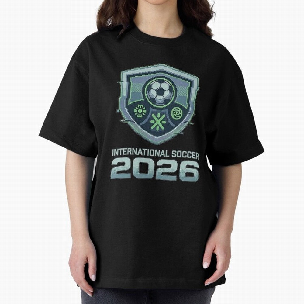 International Soccer 2026 Retro Pixel Glitch Crest Oversized T-Shirt Spotlight Global Football Passion for FIFA World Cup 2026 USA Canada Mexico, Celebrating CR7, Argentina, France and Brazil, Football History, Final Match Energy, Crowd Noise and