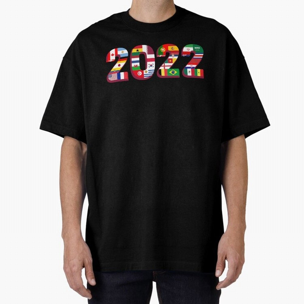 Flags of the 32 Teams that Played in Qatar in 2022 for Football Fans Oversized T-Shirt Relive the FIFA World Cup 2026 USA Canada Mexico Journey through Neymar, Haaland and Cristiano Ronaldo Highlights, France and Portugal Pride, Global Supporter