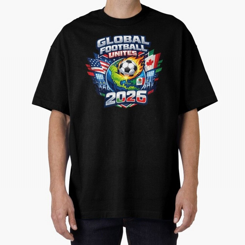 Global Football Unites 2026 USA Canada Mexico Oversized T-Shirt Celebrate the Stars of FIFA World Cup 2026 USA Canada Mexico Spirit, Featuring Argentina, Messi, CR7 and Mbappe, Retro Football Energy, Iconic Rivalries, Trophy Chase Drama and Stadium
