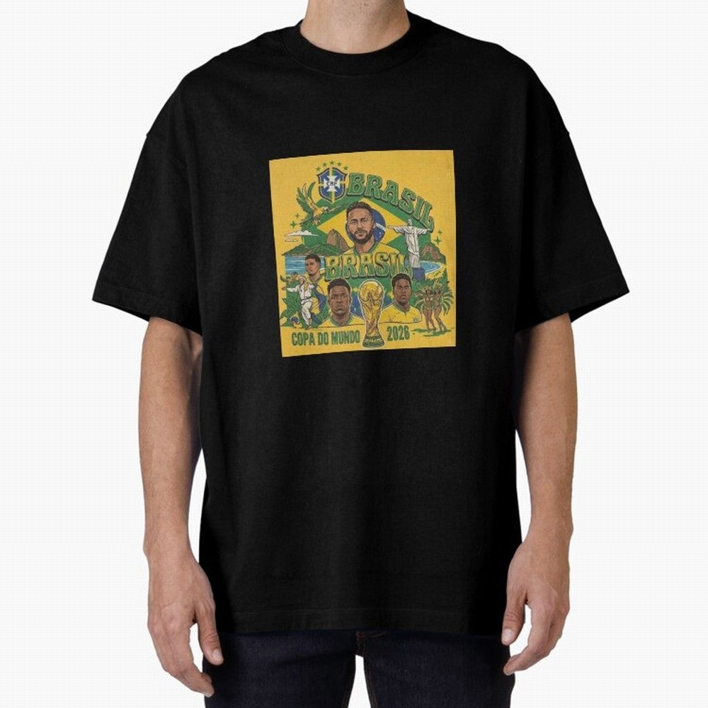 Brazil Football 2026 ¨C Retro World Cup Fan Art Oversized T-Shirt Unlock the FIFA World Cup 2026 USA Canada Mexico Journey through Neymar Highlights, Portugal, Spain and Germany Pride, Football History, Final Match Energy, Crowd Noise and Once in a