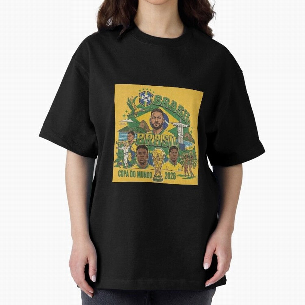 Brazil Football 2026 ¨C Retro World Cup Fan Art Oversized T-Shirt Unlock the FIFA World Cup 2026 USA Canada Mexico Journey through Neymar Highlights, Portugal, Spain and Germany Pride, Football History, Final Match Energy, Crowd Noise and Once in a