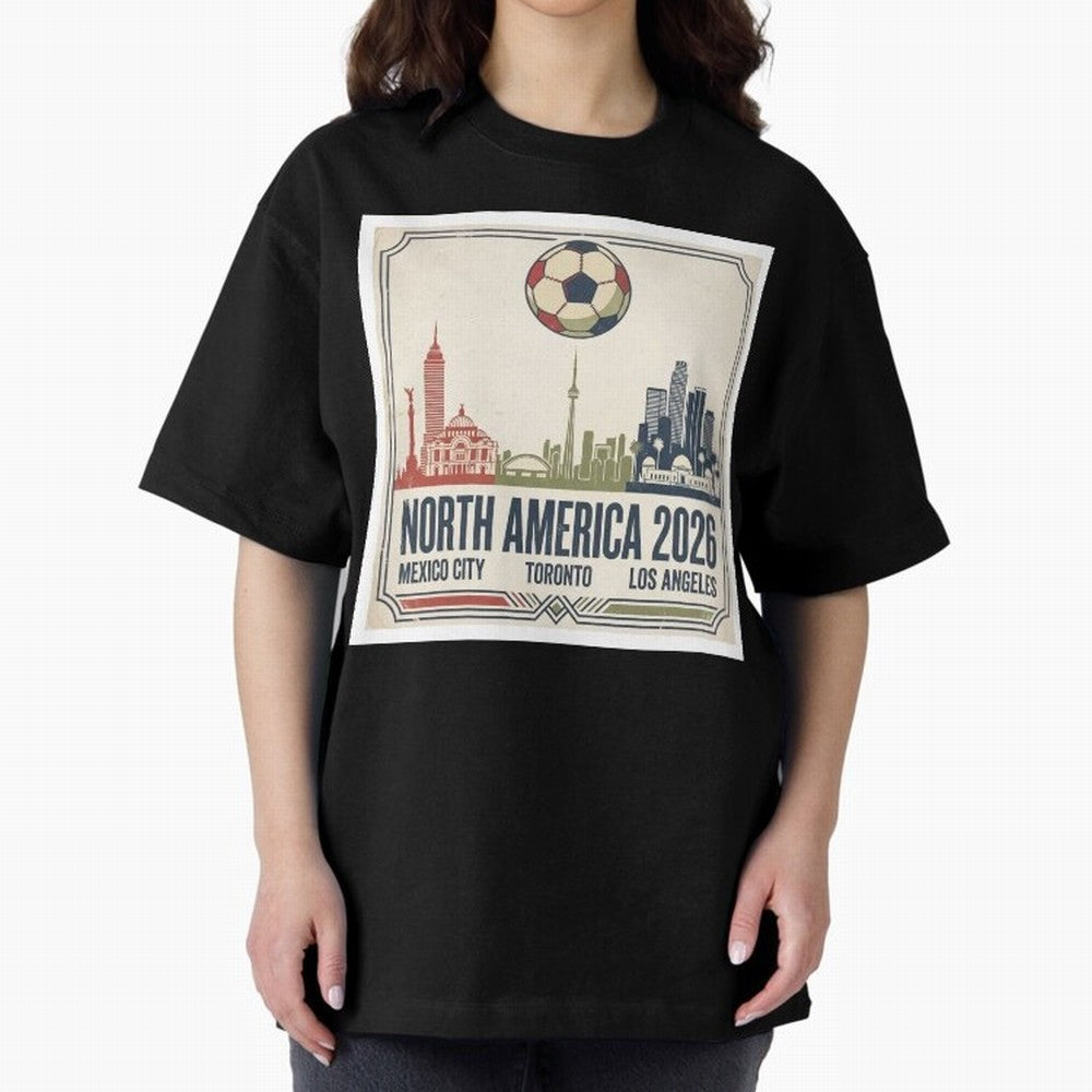 Retro North America 2026 Soccer Vintage Graphic Oversized T-Shirt Show Match Day Excitement for FIFA World Cup 2026 USA Canada Mexico Spirit, Made for England and Germany, Messi, Championship Spirit, Famous Goals, Roaring Crowds and International