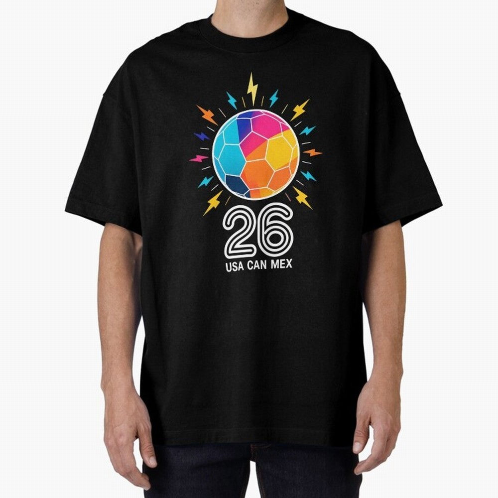 2026 Colorful Soccer Ball USA Canada Mexico 26 Oversized T-Shirt Relive Global Football Passion for FIFA World Cup 2026 USA Canada Mexico, Centered on Neymar, Haaland and Cristiano Ronaldo, Argentina, France and Brazil, Retro Football Energy,
