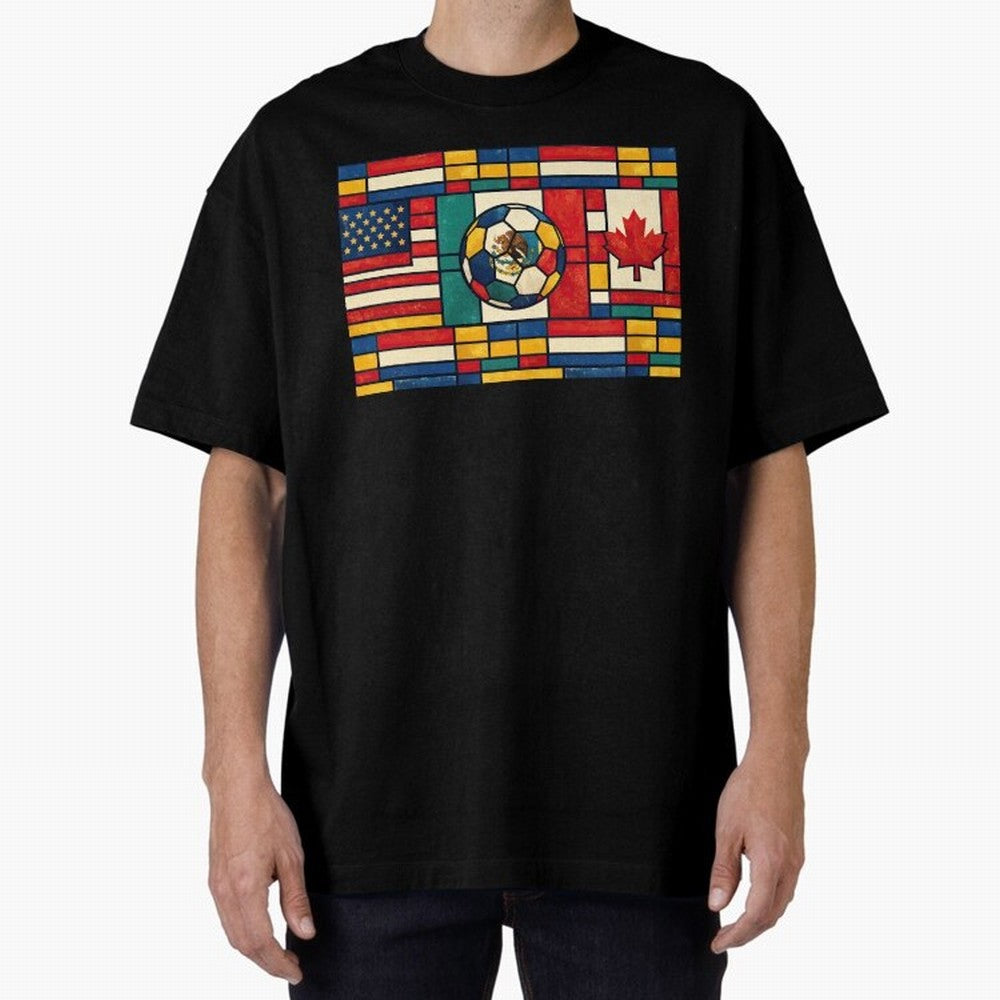 Elegant World Cup Stadiums Geometrical | Soccer Flags Mexico Canada USA Oversized T-Shirt Follow FIFA World Cup 2026 USA Canada Mexico Featuring Messi and Cristiano Ronaldo, Argentina Energy, Football Passion, Legendary Performances, Festival Vibes