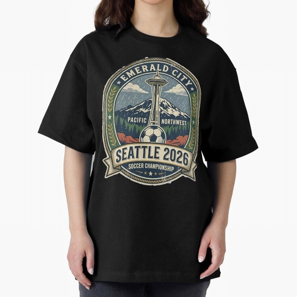 Seattle 2026 World Cup Host City Vintage Football Badge ¡ª Emerald City Space Needle Soccer Oversized T-Shirt Feel International Energy from FIFA World Cup 2026 USA Canada Mexico Spirit, Filled with Argentina, Cristiano Ronaldo, Stadium Memories,