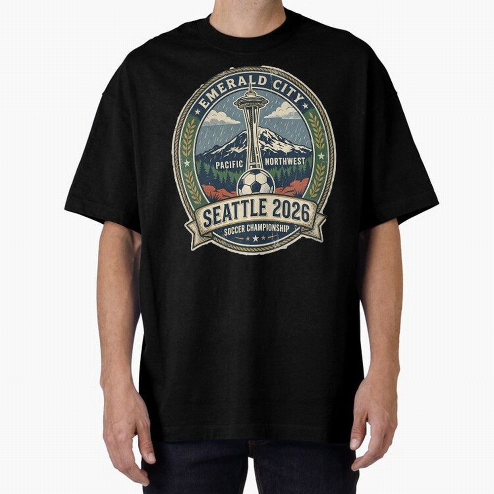 Seattle 2026 World Cup Host City Vintage Football Badge ¡ª Emerald City Space Needle Soccer Oversized T-Shirt Feel International Energy from FIFA World Cup 2026 USA Canada Mexico Spirit, Filled with Argentina, Cristiano Ronaldo, Stadium Memories,