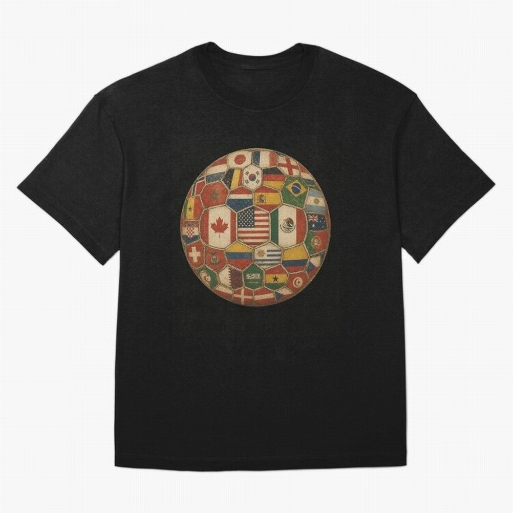 Vintage World Flags Soccer Ball,2026 International Football Graphic Gifts Tee Oversized T-Shirt Show Love for Legendary Goals in the FIFA World Cup 2026 Group Stage Journey through Messi, CR7 and Mbappe Highlights, Argentina and Brazil Pride,