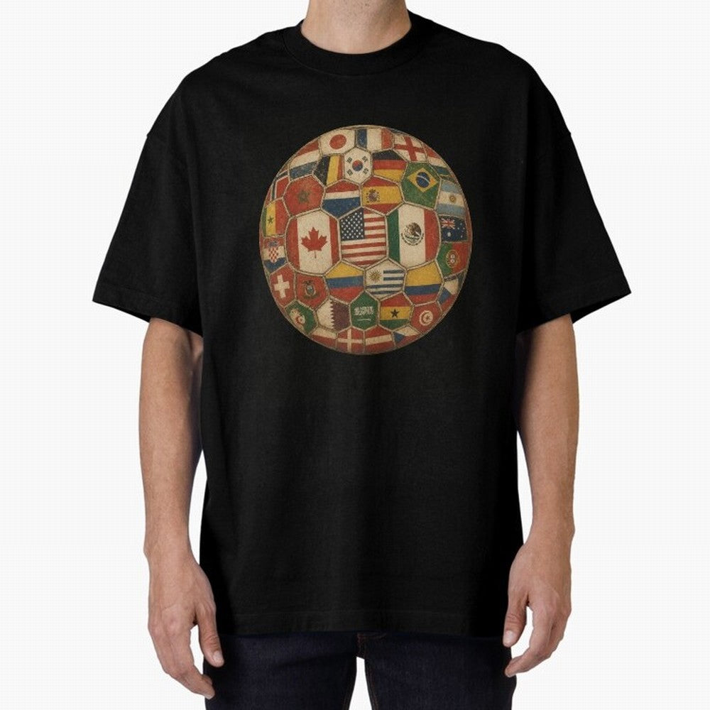 Vintage World Flags Soccer Ball,2026 International Football Graphic Gifts Tee Oversized T-Shirt Show Love for Legendary Goals in the FIFA World Cup 2026 Group Stage Journey through Messi, CR7 and Mbappe Highlights, Argentina and Brazil Pride,