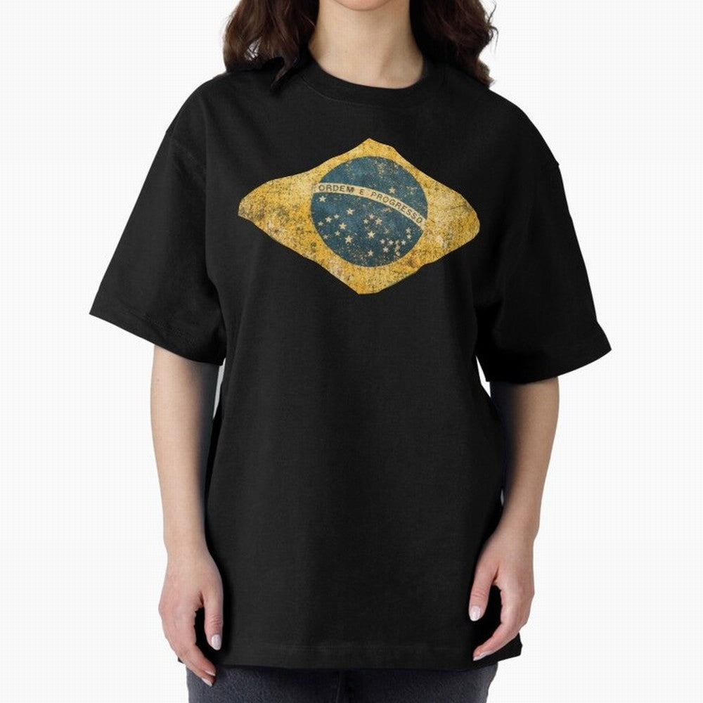 Vintage Brazil Flag Soccer Fan Design Oversized T-Shirt Make Memories around Match Day Hype around FIFA World Cup 2026 Group Stage, Neymar, Haaland and Cristiano Ronaldo, England, France and Netherlands, Supporter Pride, Iconic Celebrations,