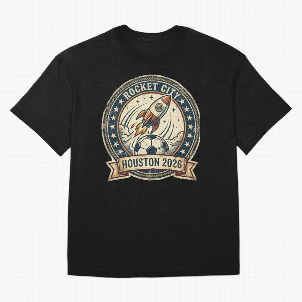 Houston 2026 World Cup Host City Vintage Football Badge ¡ª Rocket City Space Soccer Crest Design Oversized T-Shirt Capture Stadium Memories from FIFA World Cup 2026 USA Canada Mexico with CR7 and Messi, Argentina and Brazil Energy, Stadium Chants,