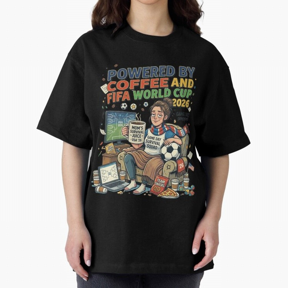 Soccer Mom Powered By Coffee And FIFA World Cup 2026 Funny USA Football Design Oversized T-Shirt Experience FIFA World Cup 2026 for Fans of Messi, CR7 and Mbappe and England and Germany, Bringing Champion Mindset, Group Stage Buzz, Knockout Tension