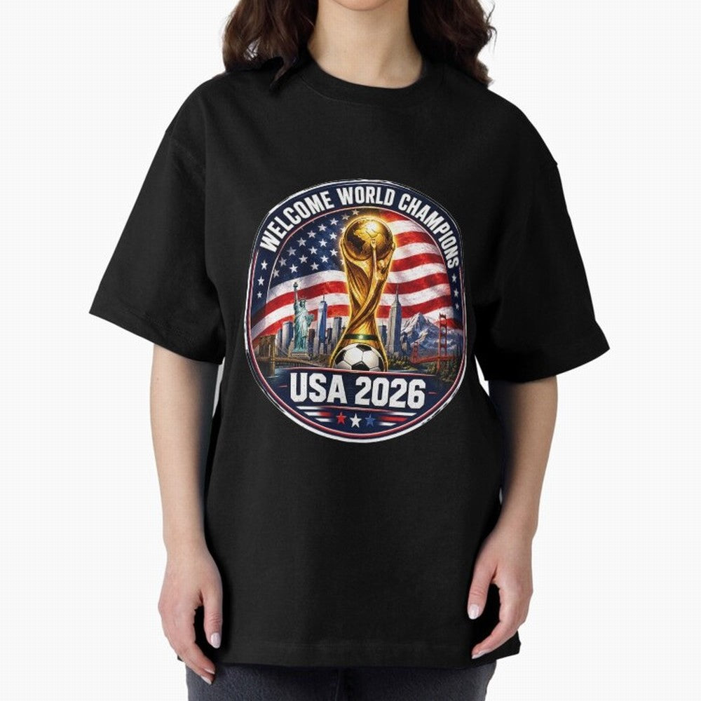 World Cup 2026 Celebration T-Shirt | USA Canada Mexico Soccer Fan Tee Oversized T-Shirt Live the Energy of the FIFA World Cup 2026 USA Canada Mexico Journey through Cristiano Ronaldo Highlights, Spain Pride, Football Festival Excitement, Trophy