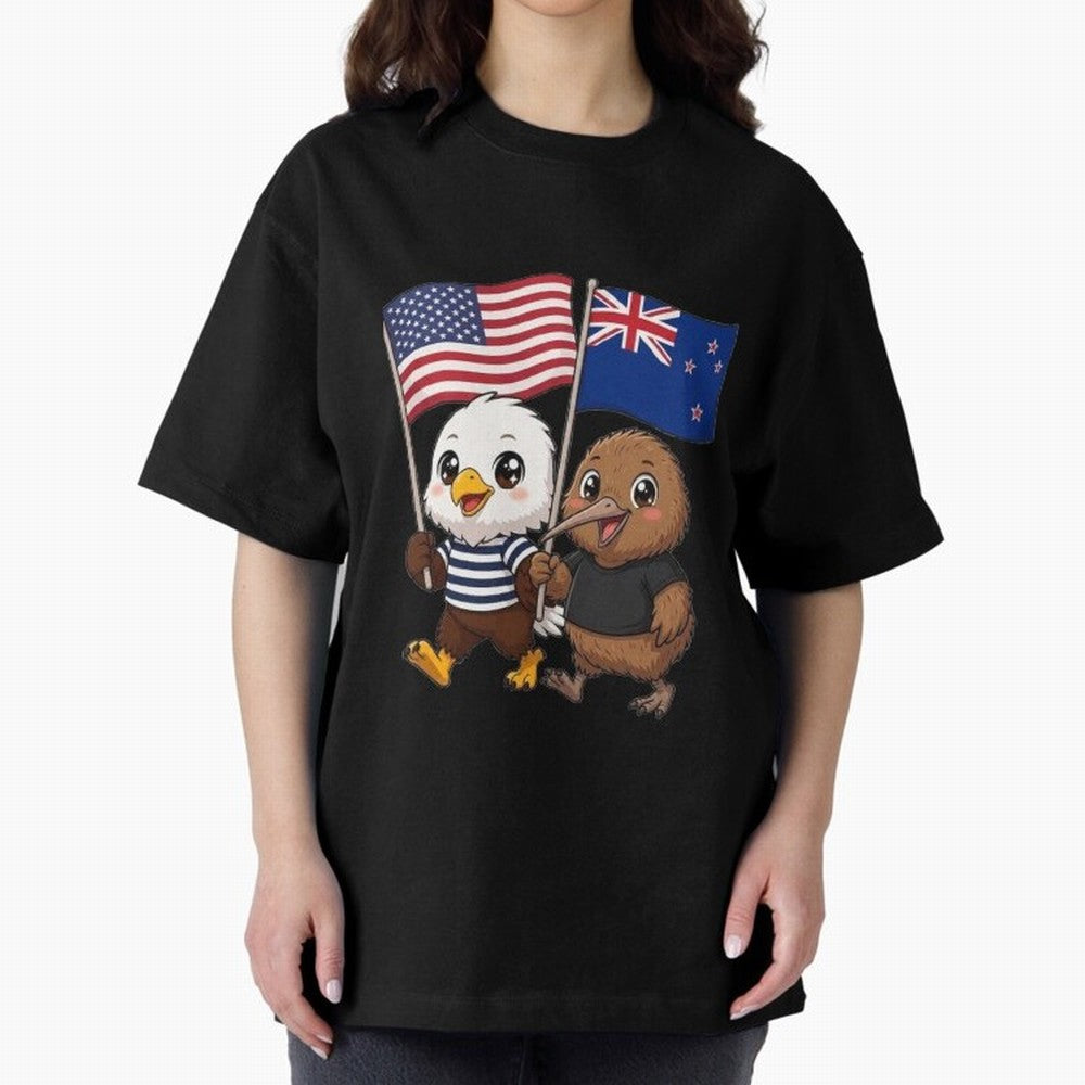 the American eagle and its friend the New Zealand kiwi Oversized T-Shirt Celebrate Golden Goal Energy in FIFA World Cup 2026 USA Canada Mexico for Fans of Mbappe and Neymar and England and Germany, Bringing Game Day Rituals, Football Legends,