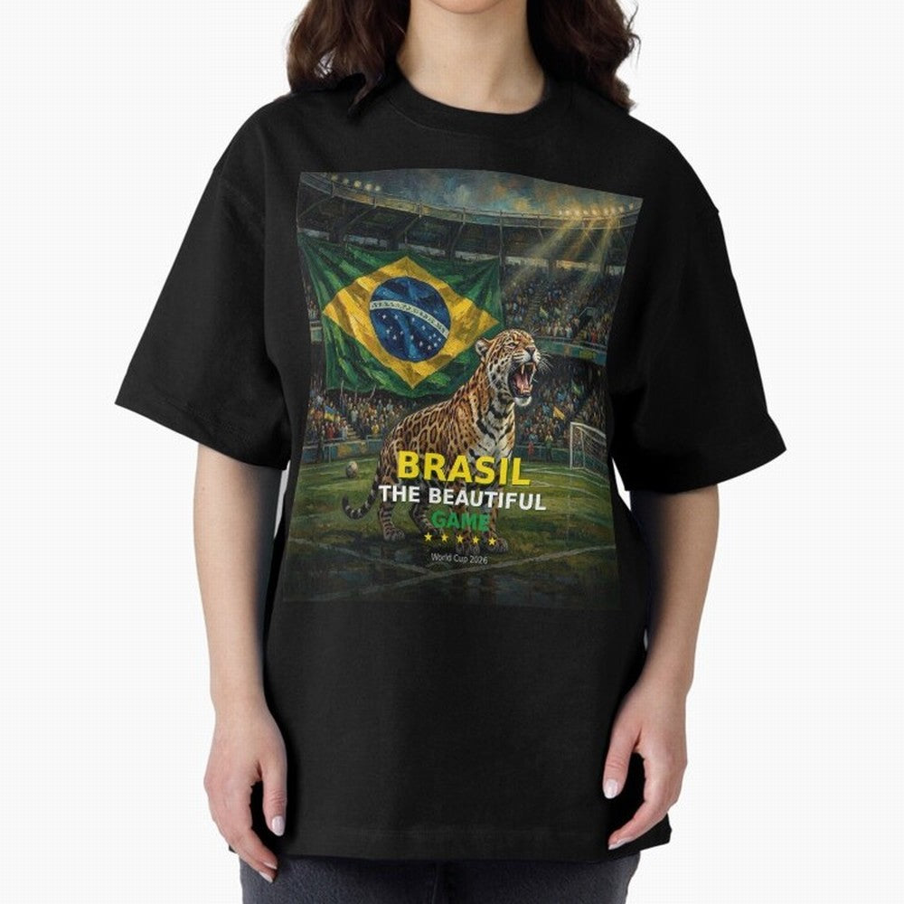 Brasil The Beautiful Game - World Cup 2026 Soccer Fan Tee Oversized T-Shirt Feel the Heartbeat of FIFA World Cup 2026 USA Canada Mexico Highlighting Messi, CR7 and Mbappe, Germany Energy, Football Festival Excitement, Trophy Ambitions, Country