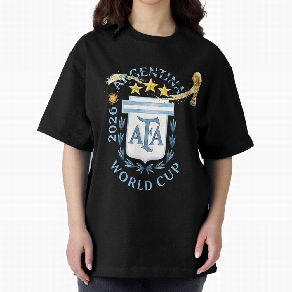 Argentina Football Champion World Cup 2026 - Gold Stars Watercolor Oversized T-Shirt Follow the FIFA World Cup 2026 Journey through Cristiano Ronaldo, Haaland and CR7 Highlights, Portugal, Spain and Germany Pride, Football History, Final Match