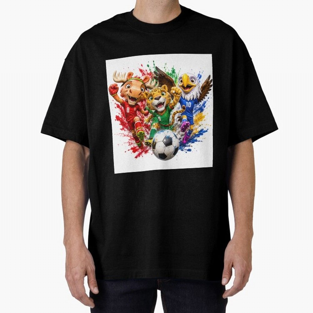 World Football Mascots ¨C Ultimate Soccer Fan Cartoon Design Oversized T-Shirt Stand with Match Day Hype around FIFA World Cup 2026 Group Stage, Messi and Cristiano Ronaldo, England, Fan Favorite Moments, National Team Passion, Big Match Drama and