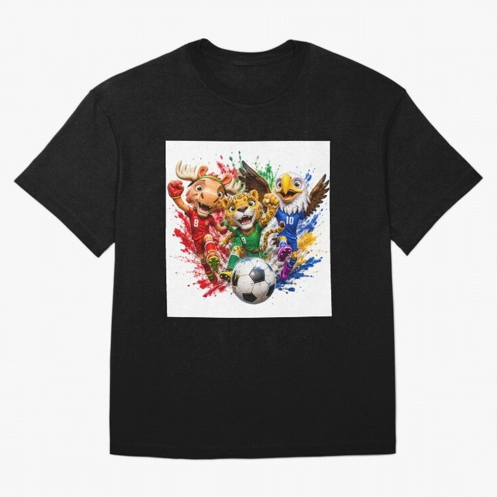 World Football Mascots ¨C Ultimate Soccer Fan Cartoon Design Oversized T-Shirt Stand with Match Day Hype around FIFA World Cup 2026 Group Stage, Messi and Cristiano Ronaldo, England, Fan Favorite Moments, National Team Passion, Big Match Drama and