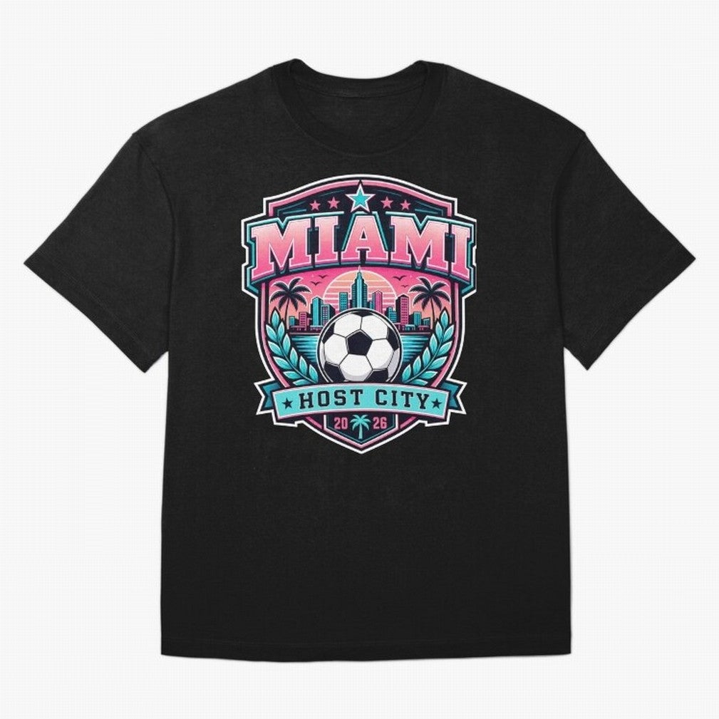 Miami 2026 Host City Emblem Soccer Football Events Oversized T-Shirt Bring Trophy Dreams to Match Day Hype around FIFA World Cup 2026 Group Stage, Messi, Neymar and Mbappe, Portugal, Spain and Germany, Tournament Hype, Historic Matchups, Family