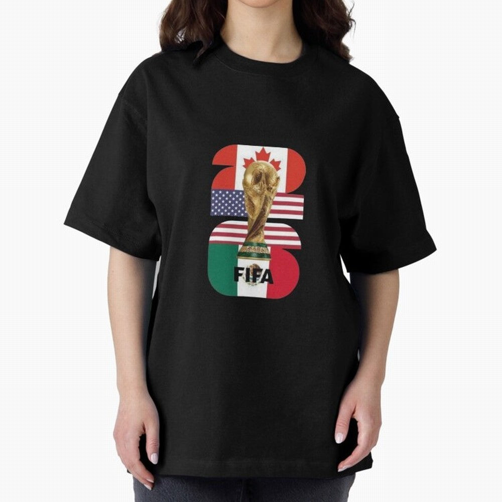 Three Nations Host Trophy Vertical Oversized T-Shirt Live the Energy of Match Day Hype around FIFA World Cup 2026 Group Stage, Mbappe, England and Germany, Retro Football Energy, Iconic Rivalries, Trophy Chase Drama and Stadium Atmosphere; Made for
