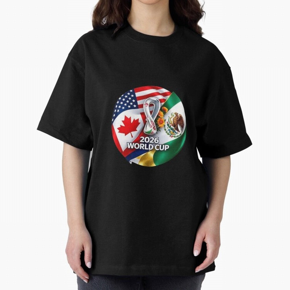 Host Trio Flags Circular Emblem Oversized T-Shirt Turn Up for FIFA World Cup 2026 USA Canada Mexico Driven by Messi and Cristiano Ronaldo, Portugal, Spain and Germany Energy, Championship Spirit, Famous Goals, Roaring Crowds and International