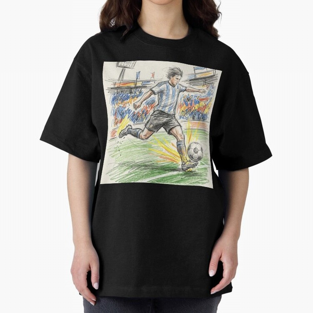 Dynamic Soccer Power Kick - Blue & White Jersey Style Oversized T-Shirt Back Your Heroes with FIFA World Cup 2026 Group Stage for Fans of Cristiano Ronaldo and Germany, Bringing Sports Nostalgia, International Competition, Famous Players and