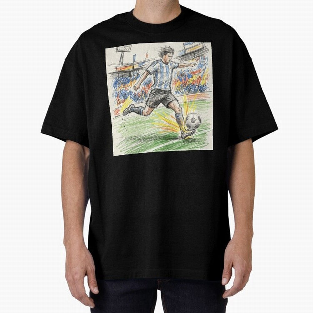 Dynamic Soccer Power Kick - Blue & White Jersey Style Oversized T-Shirt Back Your Heroes with FIFA World Cup 2026 Group Stage for Fans of Cristiano Ronaldo and Germany, Bringing Sports Nostalgia, International Competition, Famous Players and