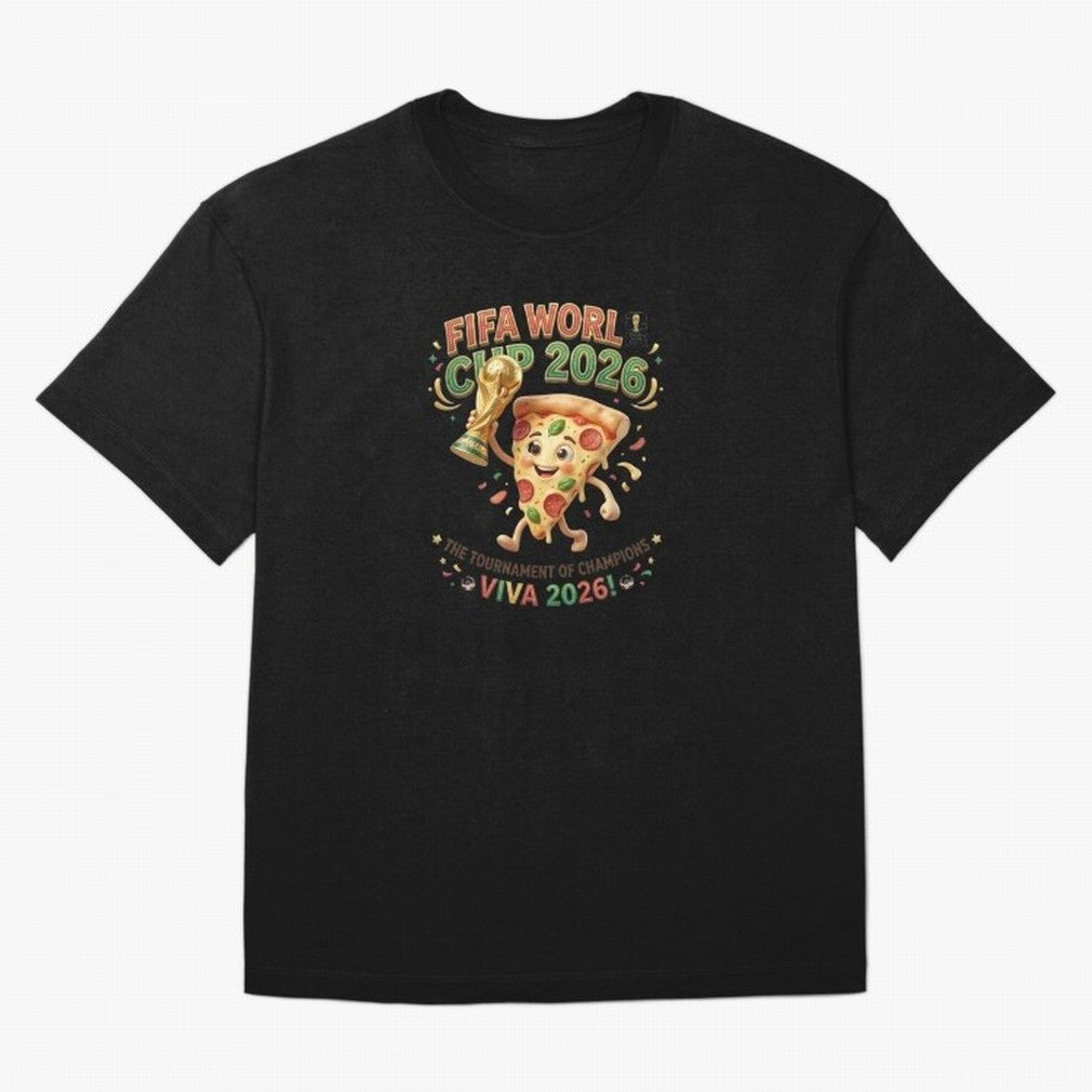 Happy Pizza Character Holding World Cup 2026 Trophy Oversized T-Shirt Feel the Heartbeat of Match Day Hype around FIFA World Cup 2026, Haaland, Germany, Game Day Rituals, Football Legends, Country Pride and the Road to the Final; Great for