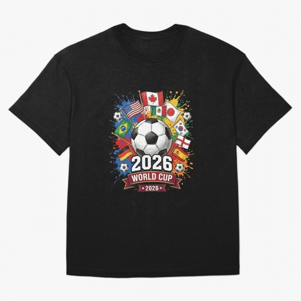 2026 World Cup Soccer Flags Graphic Oversized T-Shirt Bring Trophy Dreams to FIFA World Cup 2026 USA Canada Mexico for Fans of Messi, Neymar and Mbappe and Spain and Netherlands, Bringing Worldwide Fan Energy, Dramatic Goals, Stadium Lights and