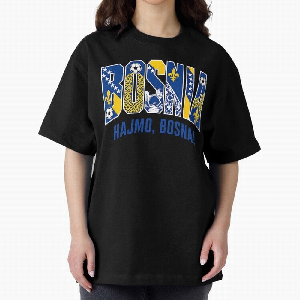 Bosnia Hajmo Bosna Football Soccer Fan Bosnian Supporter Flag Oversized T-Shirt Bring a Vintage Feel to FIFA World Cup 2026 for Fans of Messi and Cristiano Ronaldo and Spain, Bringing Fan Favorite Moments, National Team Passion, Big Match Drama and