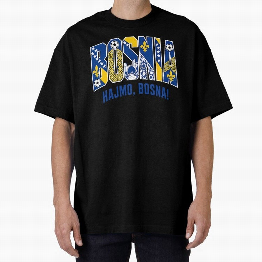 Bosnia Hajmo Bosna Football Soccer Fan Bosnian Supporter Flag Oversized T-Shirt Bring a Vintage Feel to FIFA World Cup 2026 for Fans of Messi and Cristiano Ronaldo and Spain, Bringing Fan Favorite Moments, National Team Passion, Big Match Drama and