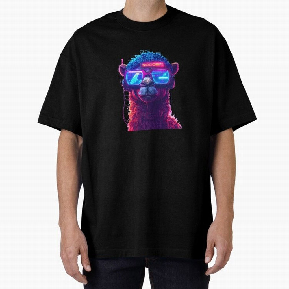 Cyberpunk Llama with Neon Soccer Vibes Oversized T-Shirt Join Supporters Worldwide for FIFA World Cup 2026 USA Canada Mexico for Fans of CR7 and Messi and England, Bringing Goal Celebration Energy, Supporter Heritage, Football Icons and Worldwide