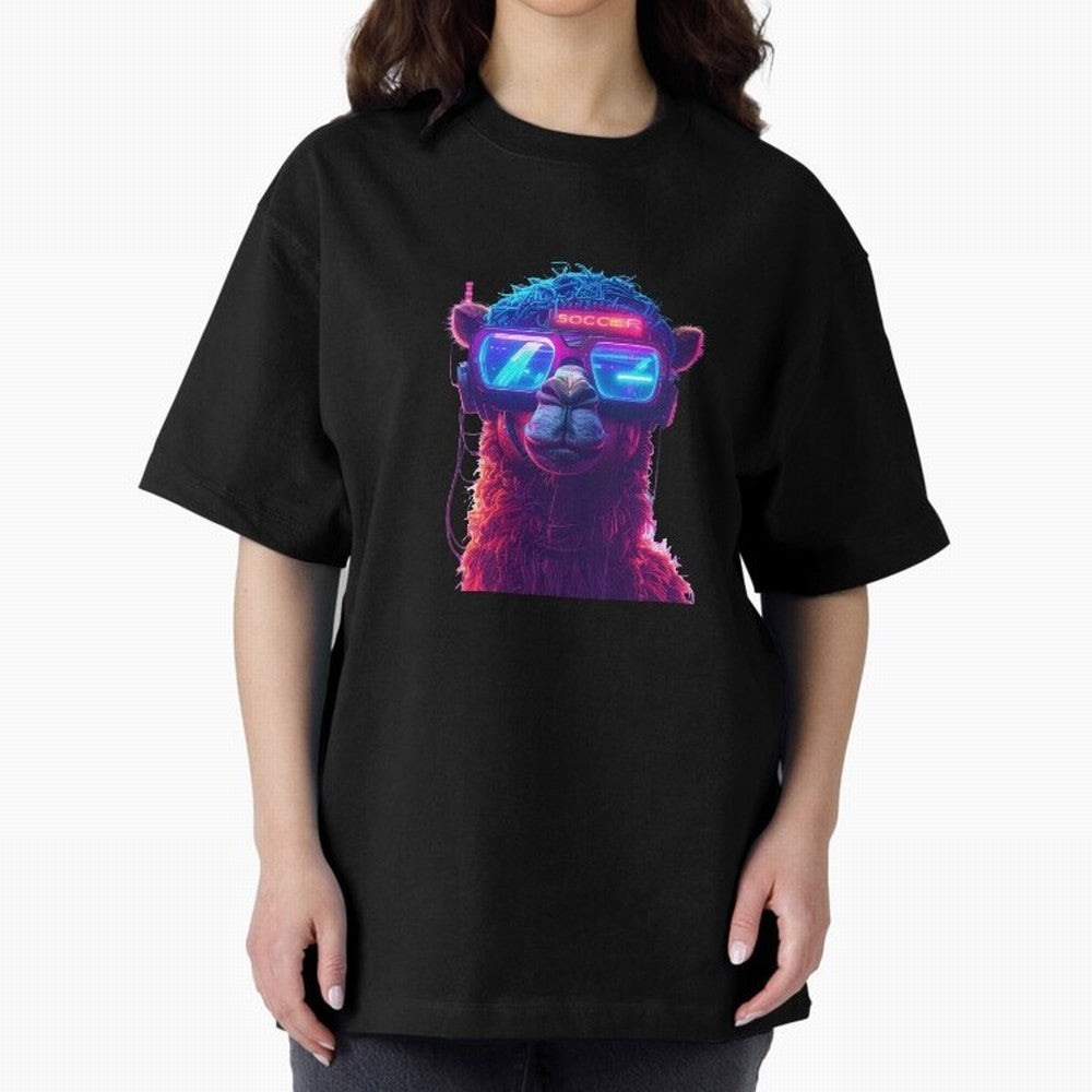 Cyberpunk Llama with Neon Soccer Vibes Oversized T-Shirt Join Supporters Worldwide for FIFA World Cup 2026 USA Canada Mexico for Fans of CR7 and Messi and England, Bringing Goal Celebration Energy, Supporter Heritage, Football Icons and Worldwide